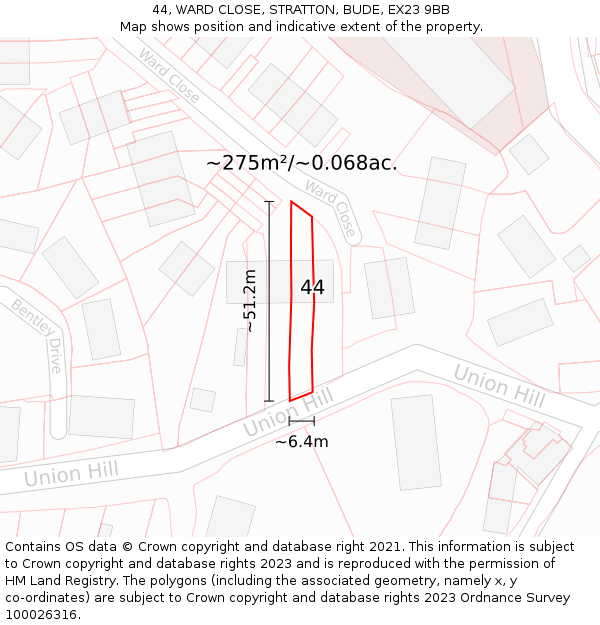 44, WARD CLOSE, STRATTON, BUDE, EX23 9BB: Plot and title map