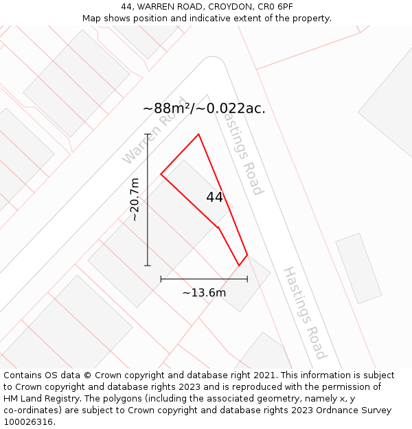 44, WARREN ROAD, CROYDON, CR0 6PF: Plot and title map