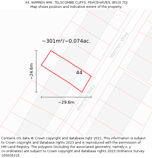 44, WARREN WAY, TELSCOMBE CLIFFS, PEACEHAVEN, BN10 7DJ: Plot and title map