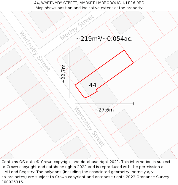 44, WARTNABY STREET, MARKET HARBOROUGH, LE16 9BD: Plot and title map