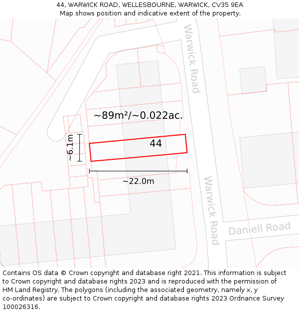 44, WARWICK ROAD, WELLESBOURNE, WARWICK, CV35 9EA: Plot and title map
