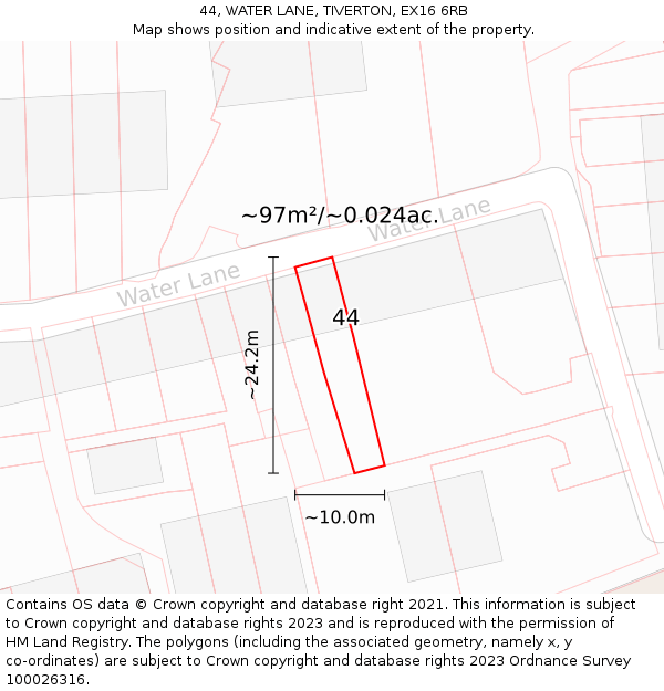 44, WATER LANE, TIVERTON, EX16 6RB: Plot and title map