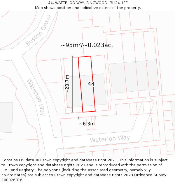 44, WATERLOO WAY, RINGWOOD, BH24 1FE: Plot and title map