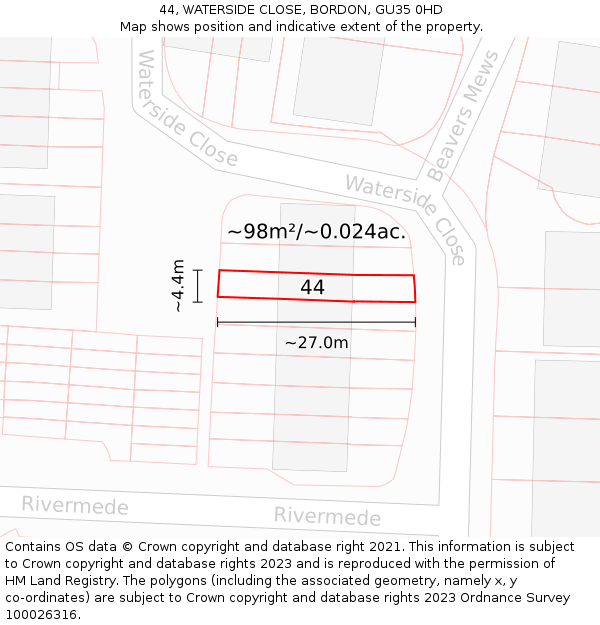 44, WATERSIDE CLOSE, BORDON, GU35 0HD: Plot and title map