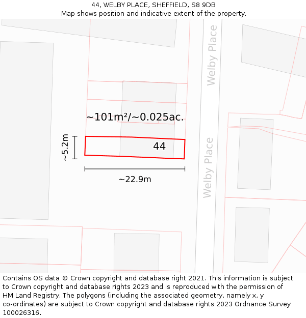 44, WELBY PLACE, SHEFFIELD, S8 9DB: Plot and title map