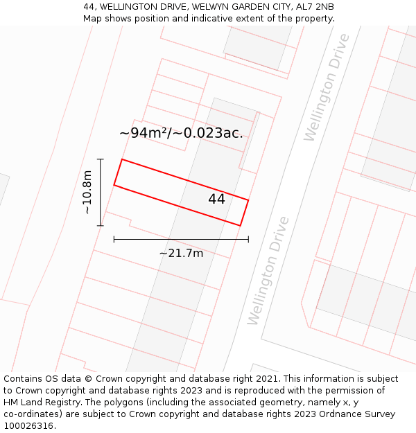 44, WELLINGTON DRIVE, WELWYN GARDEN CITY, AL7 2NB: Plot and title map