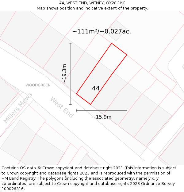 44, WEST END, WITNEY, OX28 1NF: Plot and title map
