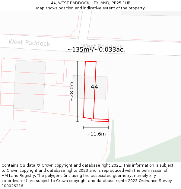 44, WEST PADDOCK, LEYLAND, PR25 1HR: Plot and title map