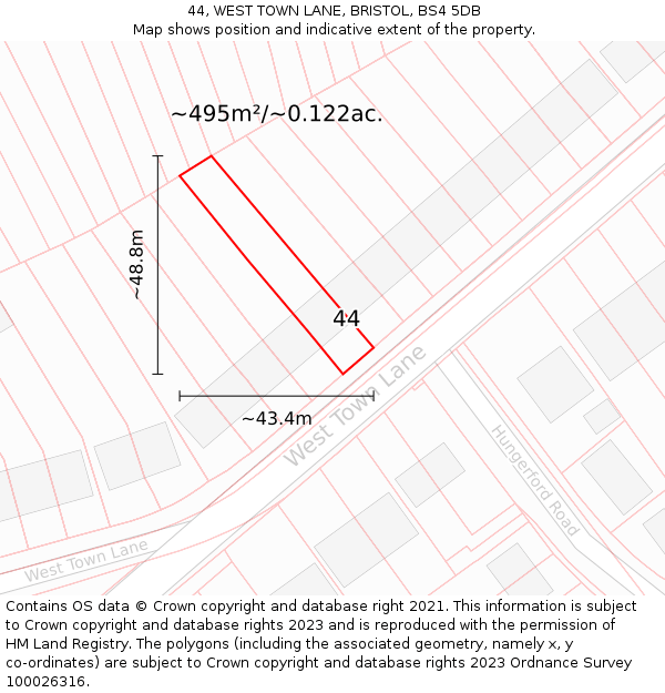 44, WEST TOWN LANE, BRISTOL, BS4 5DB: Plot and title map