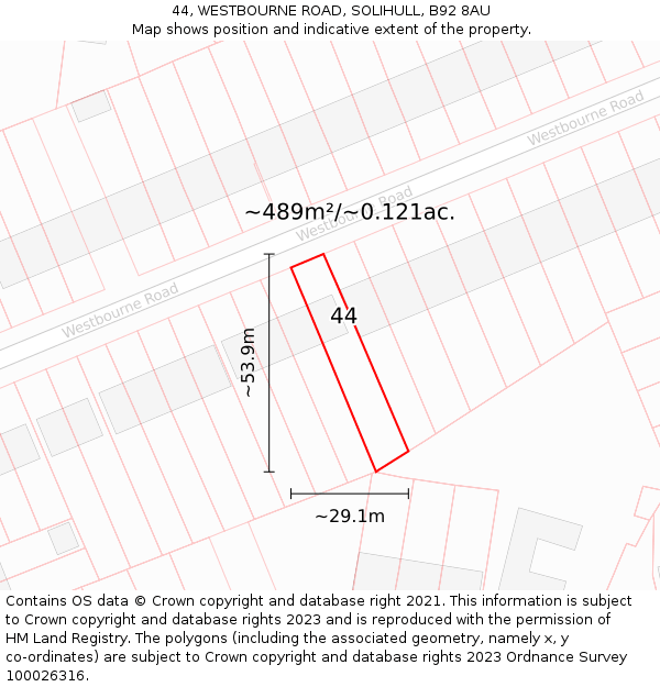 44, WESTBOURNE ROAD, SOLIHULL, B92 8AU: Plot and title map