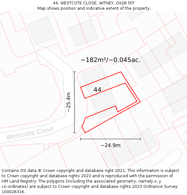 44, WESTCOTE CLOSE, WITNEY, OX28 5FF: Plot and title map