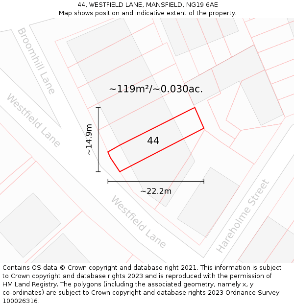 44, WESTFIELD LANE, MANSFIELD, NG19 6AE: Plot and title map