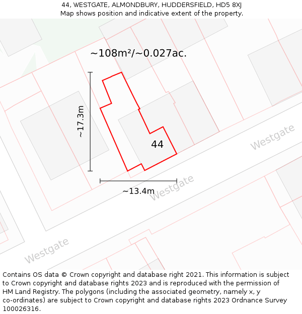 44, WESTGATE, ALMONDBURY, HUDDERSFIELD, HD5 8XJ: Plot and title map