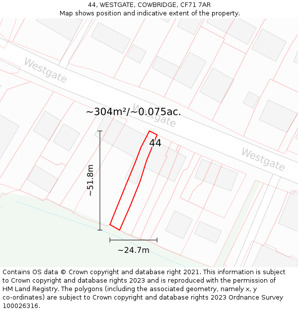 44, WESTGATE, COWBRIDGE, CF71 7AR: Plot and title map