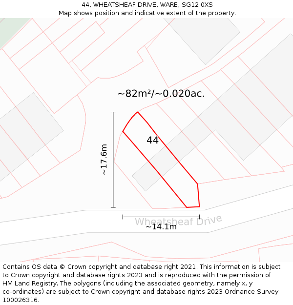 44, WHEATSHEAF DRIVE, WARE, SG12 0XS: Plot and title map