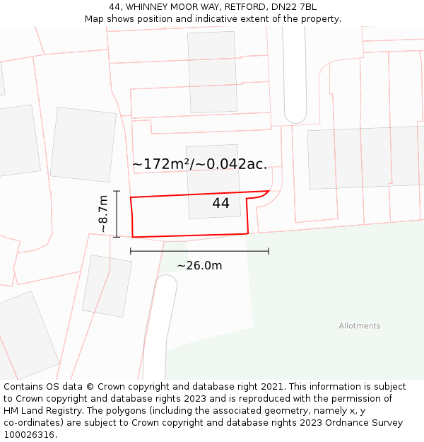 44, WHINNEY MOOR WAY, RETFORD, DN22 7BL: Plot and title map