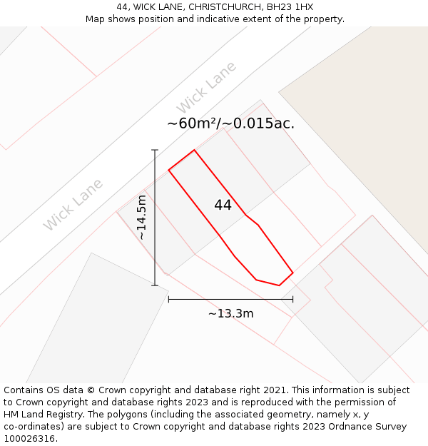 44, WICK LANE, CHRISTCHURCH, BH23 1HX: Plot and title map