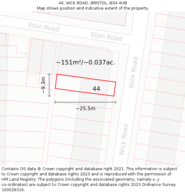 44, WICK ROAD, BRISTOL, BS4 4HB: Plot and title map