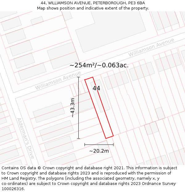 44, WILLIAMSON AVENUE, PETERBOROUGH, PE3 6BA: Plot and title map