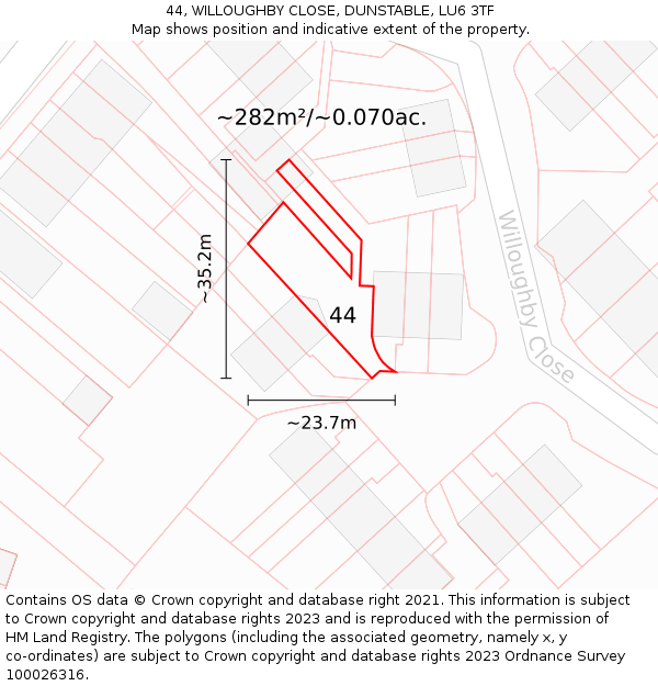 44, WILLOUGHBY CLOSE, DUNSTABLE, LU6 3TF: Plot and title map