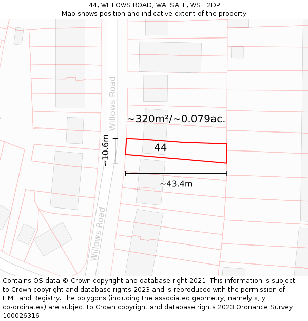 44, WILLOWS ROAD, WALSALL, WS1 2DP: Plot and title map