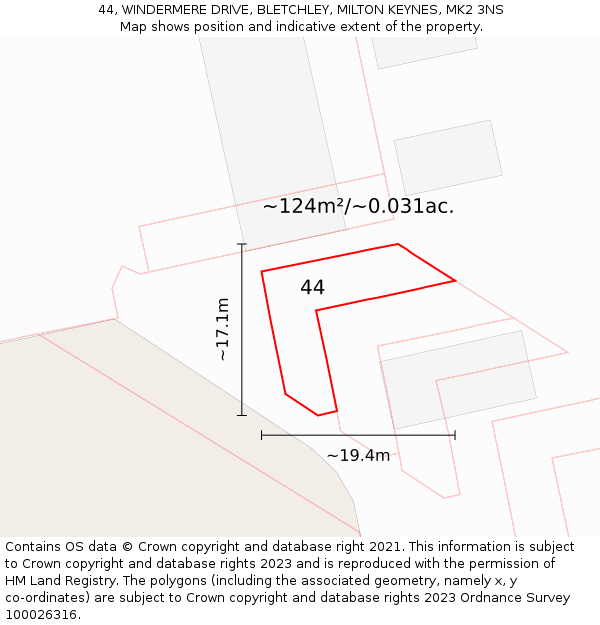 44, WINDERMERE DRIVE, BLETCHLEY, MILTON KEYNES, MK2 3NS: Plot and title map