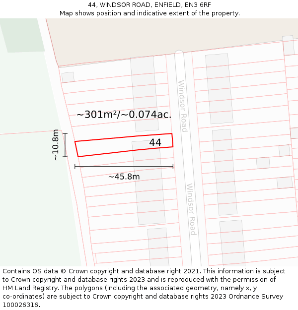 44, WINDSOR ROAD, ENFIELD, EN3 6RF: Plot and title map