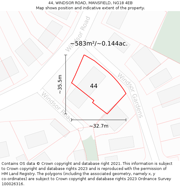 44, WINDSOR ROAD, MANSFIELD, NG18 4EB: Plot and title map