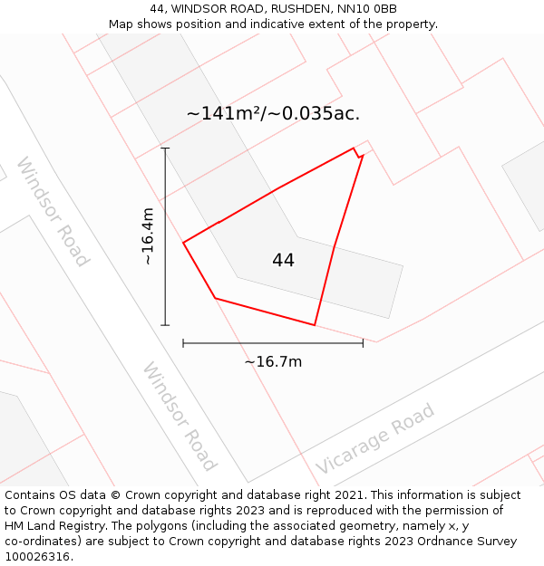44, WINDSOR ROAD, RUSHDEN, NN10 0BB: Plot and title map