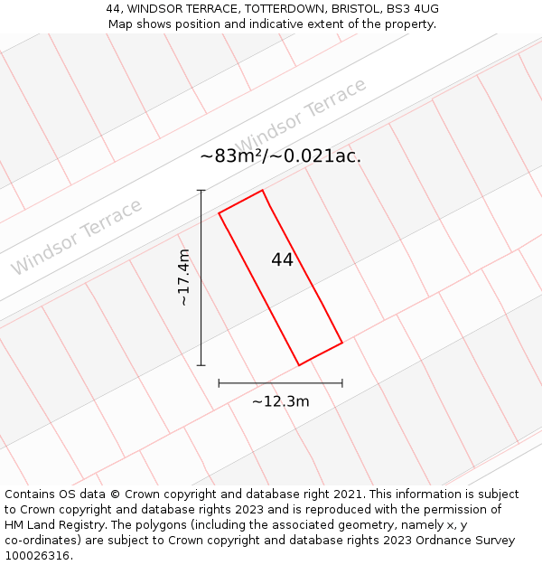 44, WINDSOR TERRACE, TOTTERDOWN, BRISTOL, BS3 4UG: Plot and title map