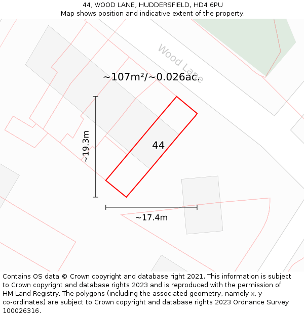 44, WOOD LANE, HUDDERSFIELD, HD4 6PU: Plot and title map