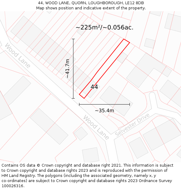 44, WOOD LANE, QUORN, LOUGHBOROUGH, LE12 8DB: Plot and title map