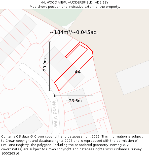 44, WOOD VIEW, HUDDERSFIELD, HD2 1EY: Plot and title map