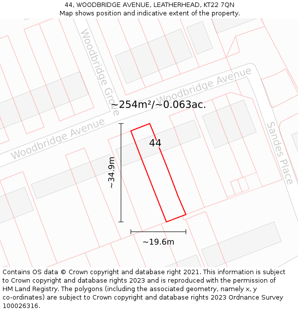 44, WOODBRIDGE AVENUE, LEATHERHEAD, KT22 7QN: Plot and title map