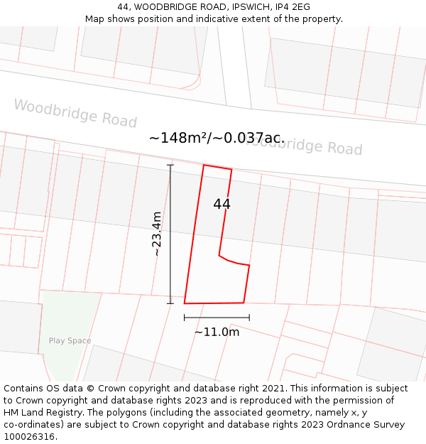 44, WOODBRIDGE ROAD, IPSWICH, IP4 2EG: Plot and title map