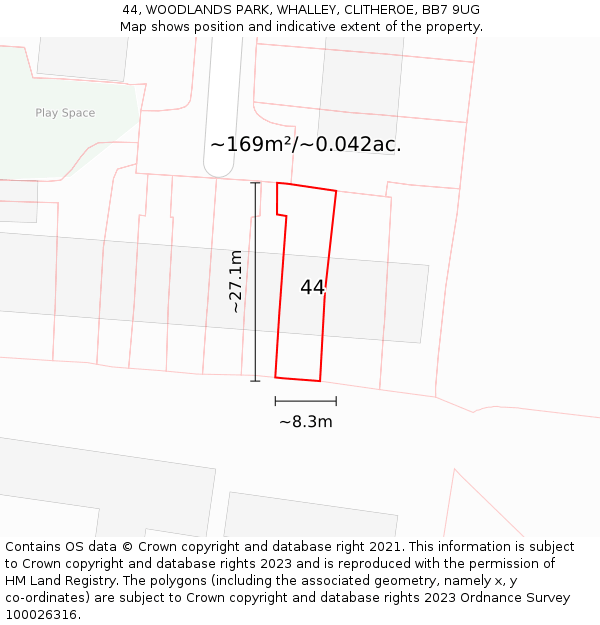 44, WOODLANDS PARK, WHALLEY, CLITHEROE, BB7 9UG: Plot and title map