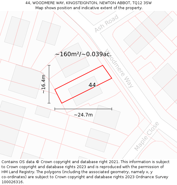 44, WOODMERE WAY, KINGSTEIGNTON, NEWTON ABBOT, TQ12 3SW: Plot and title map