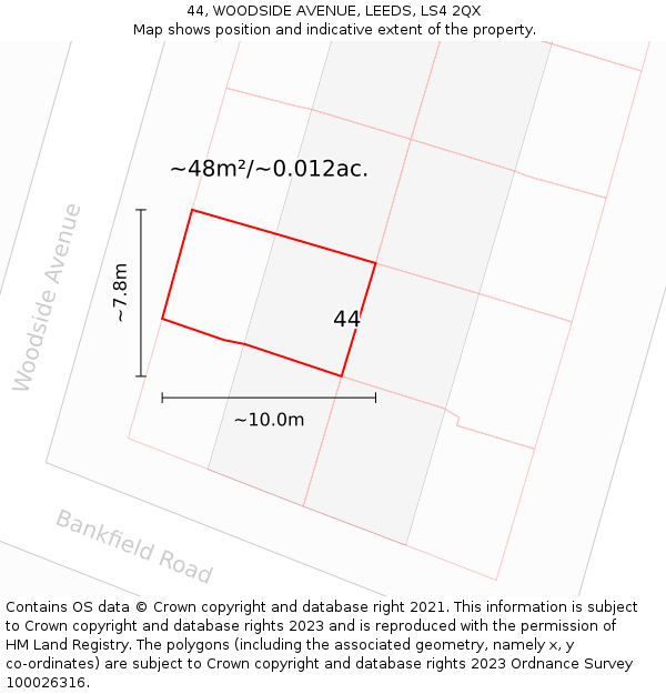 44, WOODSIDE AVENUE, LEEDS, LS4 2QX: Plot and title map
