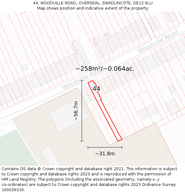 44, WOODVILLE ROAD, OVERSEAL, SWADLINCOTE, DE12 6LU: Plot and title map