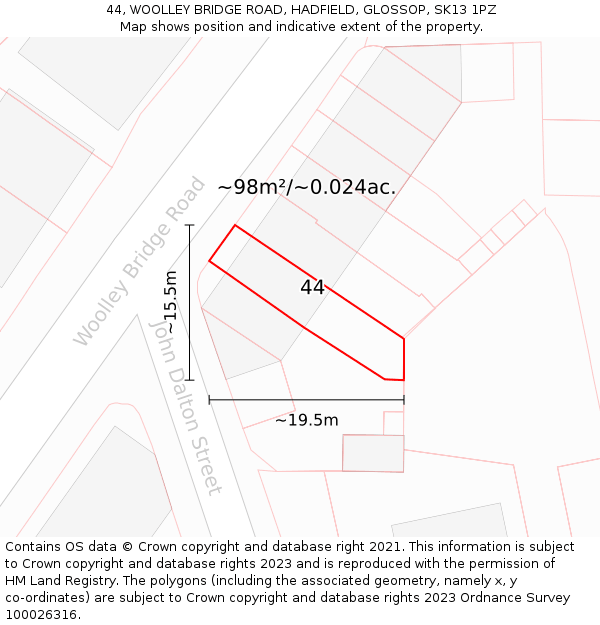44, WOOLLEY BRIDGE ROAD, HADFIELD, GLOSSOP, SK13 1PZ: Plot and title map