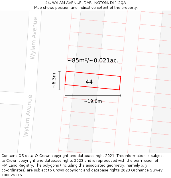 44, WYLAM AVENUE, DARLINGTON, DL1 2QA: Plot and title map