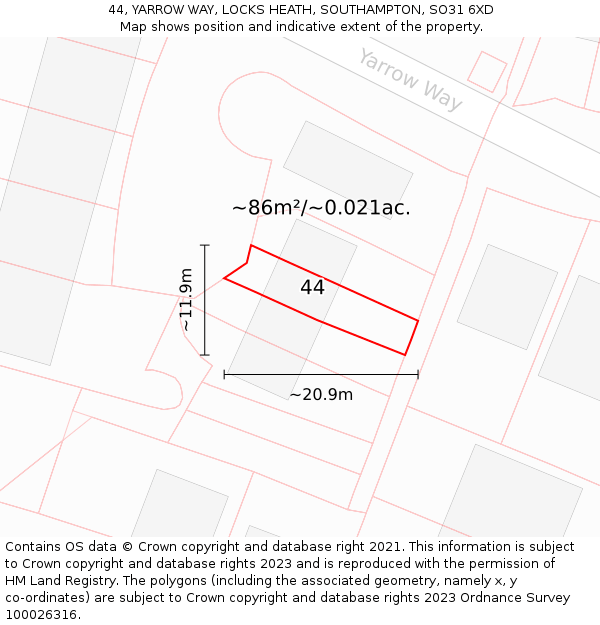 44, YARROW WAY, LOCKS HEATH, SOUTHAMPTON, SO31 6XD: Plot and title map