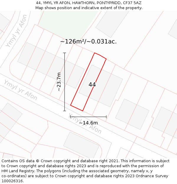 44, YMYL YR AFON, HAWTHORN, PONTYPRIDD, CF37 5AZ: Plot and title map