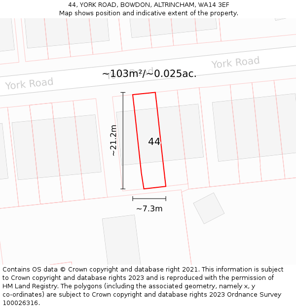 44, YORK ROAD, BOWDON, ALTRINCHAM, WA14 3EF: Plot and title map