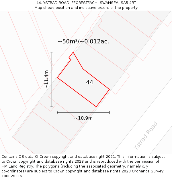 44, YSTRAD ROAD, FFORESTFACH, SWANSEA, SA5 4BT: Plot and title map