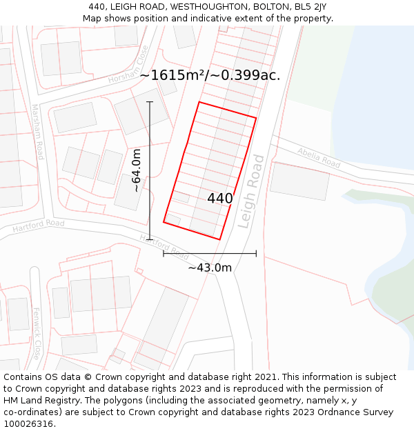 440, LEIGH ROAD, WESTHOUGHTON, BOLTON, BL5 2JY: Plot and title map