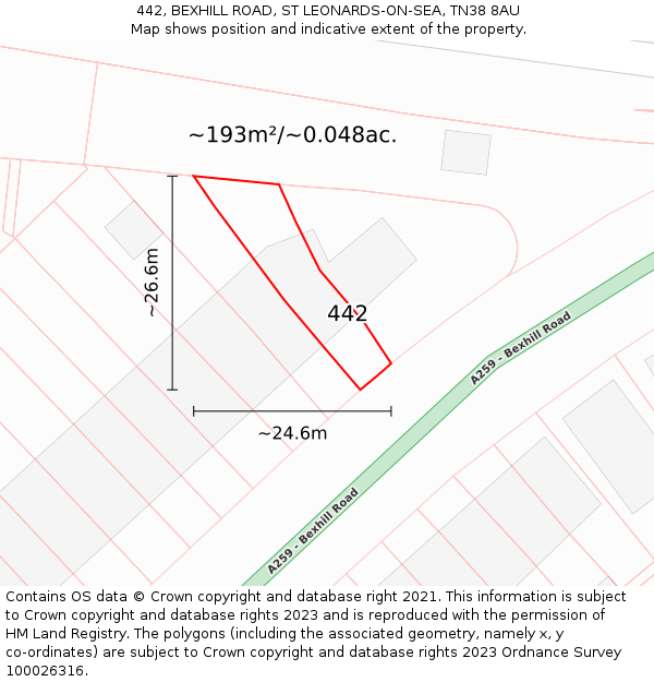 442, BEXHILL ROAD, ST LEONARDS-ON-SEA, TN38 8AU: Plot and title map