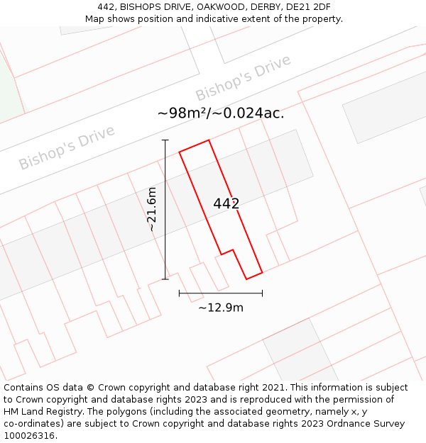 442, BISHOPS DRIVE, OAKWOOD, DERBY, DE21 2DF: Plot and title map