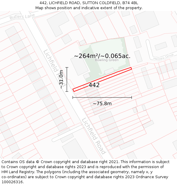 442, LICHFIELD ROAD, SUTTON COLDFIELD, B74 4BL: Plot and title map