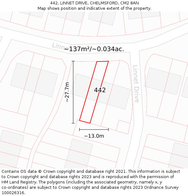 442, LINNET DRIVE, CHELMSFORD, CM2 8AN: Plot and title map